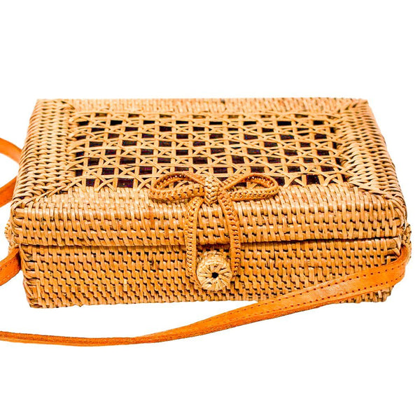 Black Straw Handbag With Bamboo Handles. Wicker Purse Cross