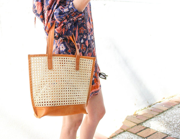 Handmade Woven Cane and Leather Tote
