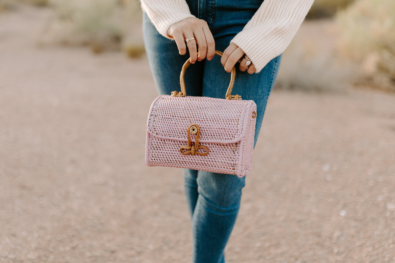 Pink rattan bag sale